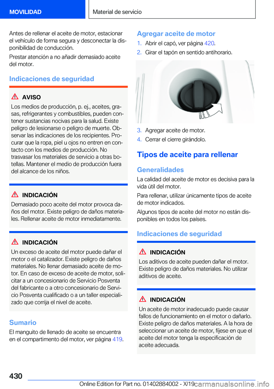 BMW X7 2020  Manuales de Empleo (in Spanish) �A�n�t�e�s��d�e��r�e�l�l�e�n�a�r��e�l��a�c�e�i�t�e��d�e��m�o�t�o�r�,��e�s�t�a�c�i�o�n�a�r
�e�l��v�e�h�