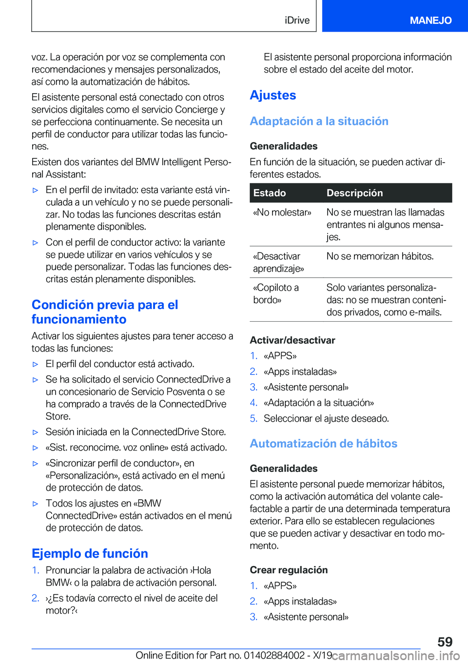 BMW X7 2020  Manuales de Empleo (in Spanish) �v�o�z�.��L�a��o�p�e�r�a�c�i�