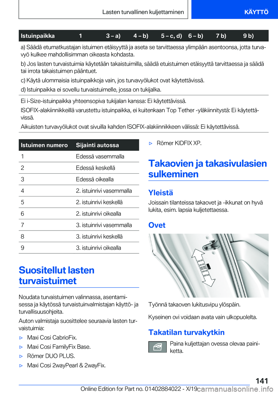 BMW X7 2020  Omistajan Käsikirja (in Finnish) �I�s�t�u�i�n�p�a�i�k�k�a�1�3�m��a�
�4�m��b�
�5�m��c�,��d�
�6�m��b�
�7��b�
�9��b�
�a�)��S�