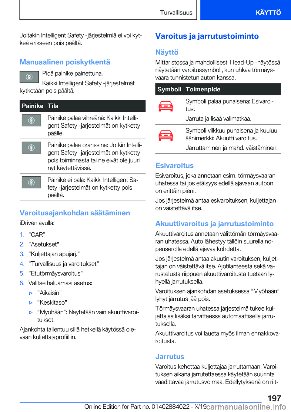 BMW X7 2020  Omistajan Käsikirja (in Finnish) �J�o�i�t�a�k�i�n��I�n�t�e�l�l�i�g�e�n�t��S�a�f�e�t�y��-�j�