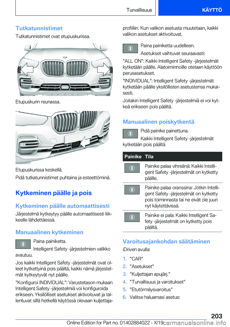 BMW X7 2020  Omistajan Käsikirja (in Finnish) �T�u�t�k�a�t�u�n�n�i�s�t�i�m�e�t�T�u�t�k�a�t�u�n�n�i�s�t�i�m�e�t��o�v�a�t��e�t�u�p�u�s�k�u�r�i�s�s�a�.
�E�t�u�p�u�s�k�u�r�i�n��r�e�u�n�a�s�s�a�.
�E�t�u�p�u�s�k�u�r�i�s�s�a��k�e�s�k�e�l�l�