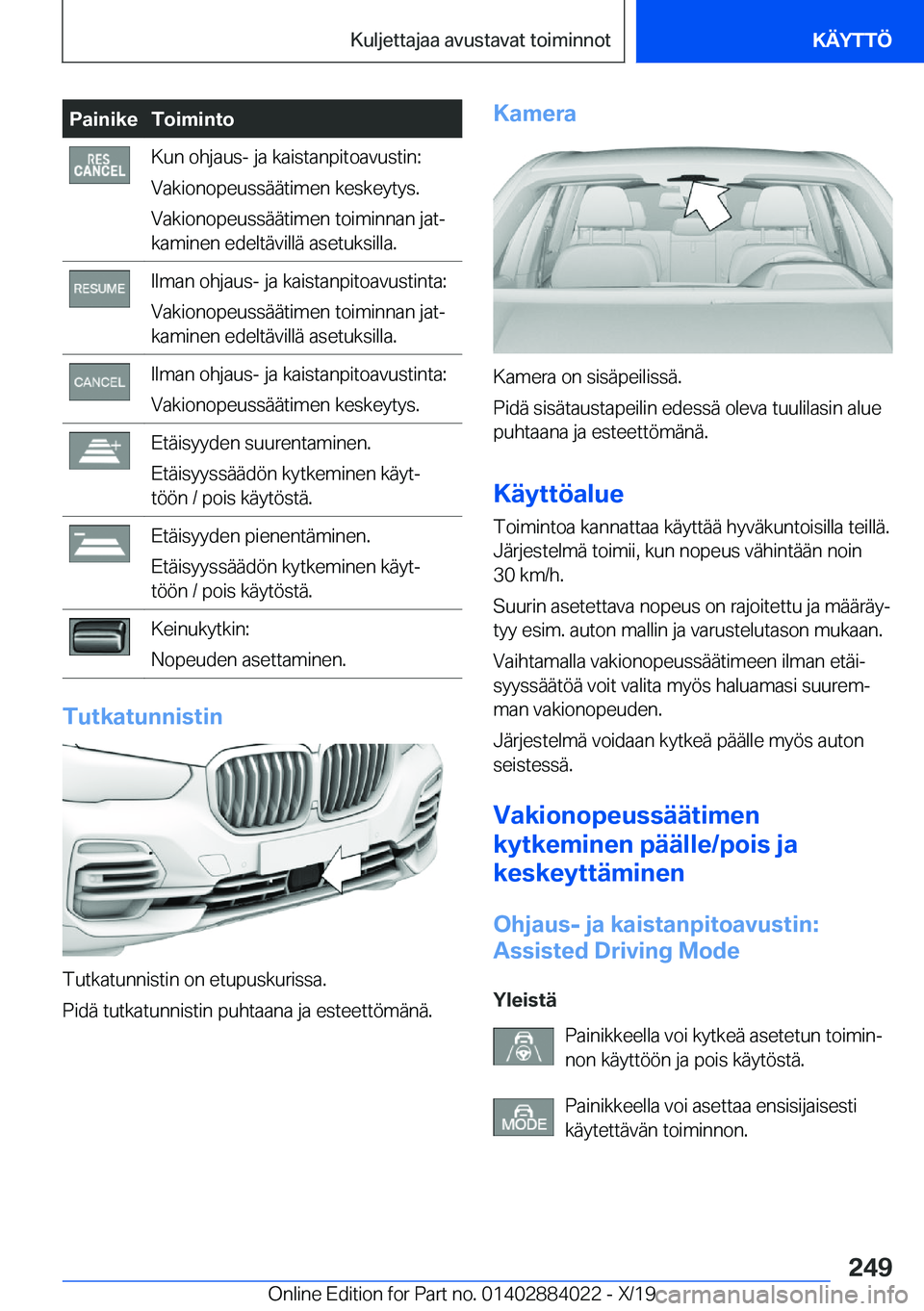 BMW X7 2020  Omistajan Käsikirja (in Finnish) �P�a�i�n�i�k�e�T�o�i�m�i�n�t�o�K�u�n��o�h�j�a�u�s�-��j�a��k�a�i�s�t�a�n�p�i�t�o�a�v�u�s�t�i�n�:
�V�a�k�i�o�n�o�p�e�u�s�s�