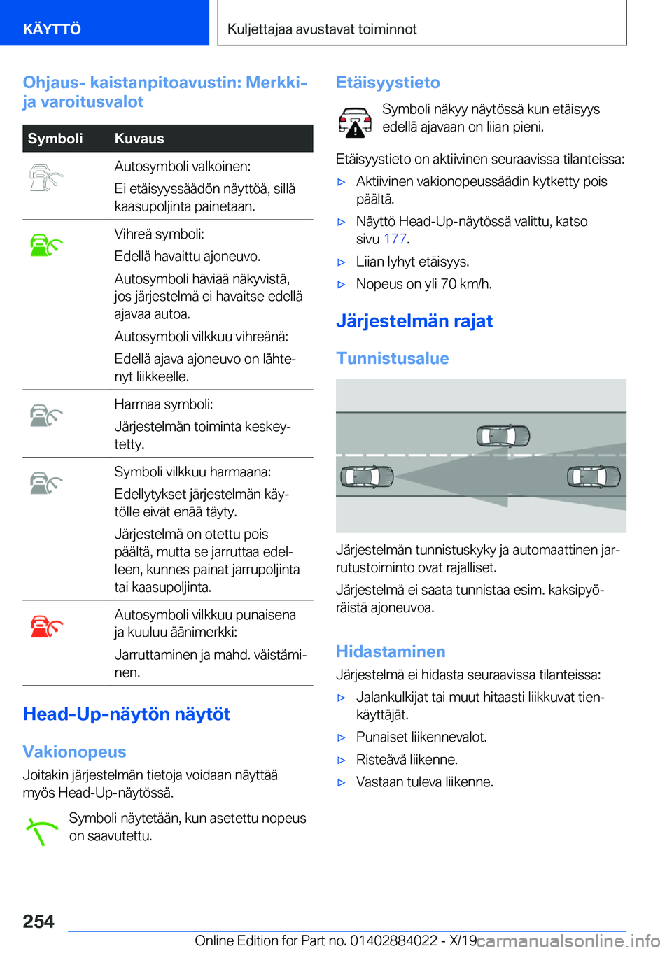 BMW X7 2020  Omistajan Käsikirja (in Finnish) �O�h�j�a�u�s�-��k�a�i�s�t�a�n�p�i�t�o�a�v�u�s�t�i�n�:��M�e�r�k�k�i�-
�j�a��v�a�r�o�i�t�u�s�v�a�l�o�t�S�y�m�b�o�l�i�K�u�v�a�u�s�A�u�t�o�s�y�m�b�o�l�i��v�a�l�k�o�i�n�e�n�:
�E�i��e�t�