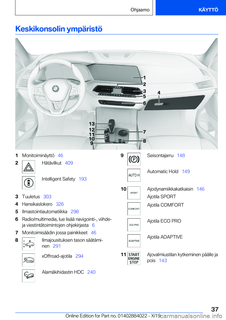 BMW X7 2020  Omistajan Käsikirja (in Finnish) �K�e�s�k�i�k�o�n�s�o�l�i�n��y�m�p�