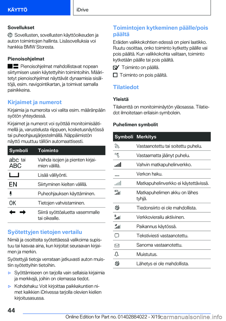BMW X7 2020  Omistajan Käsikirja (in Finnish) �S�o�v�e�l�l�u�k�s�e�t
���S�o�v�e�l�l�u�s�t�e�n�,��s�o�v�e�l�l�u�s�t�e�n��k�