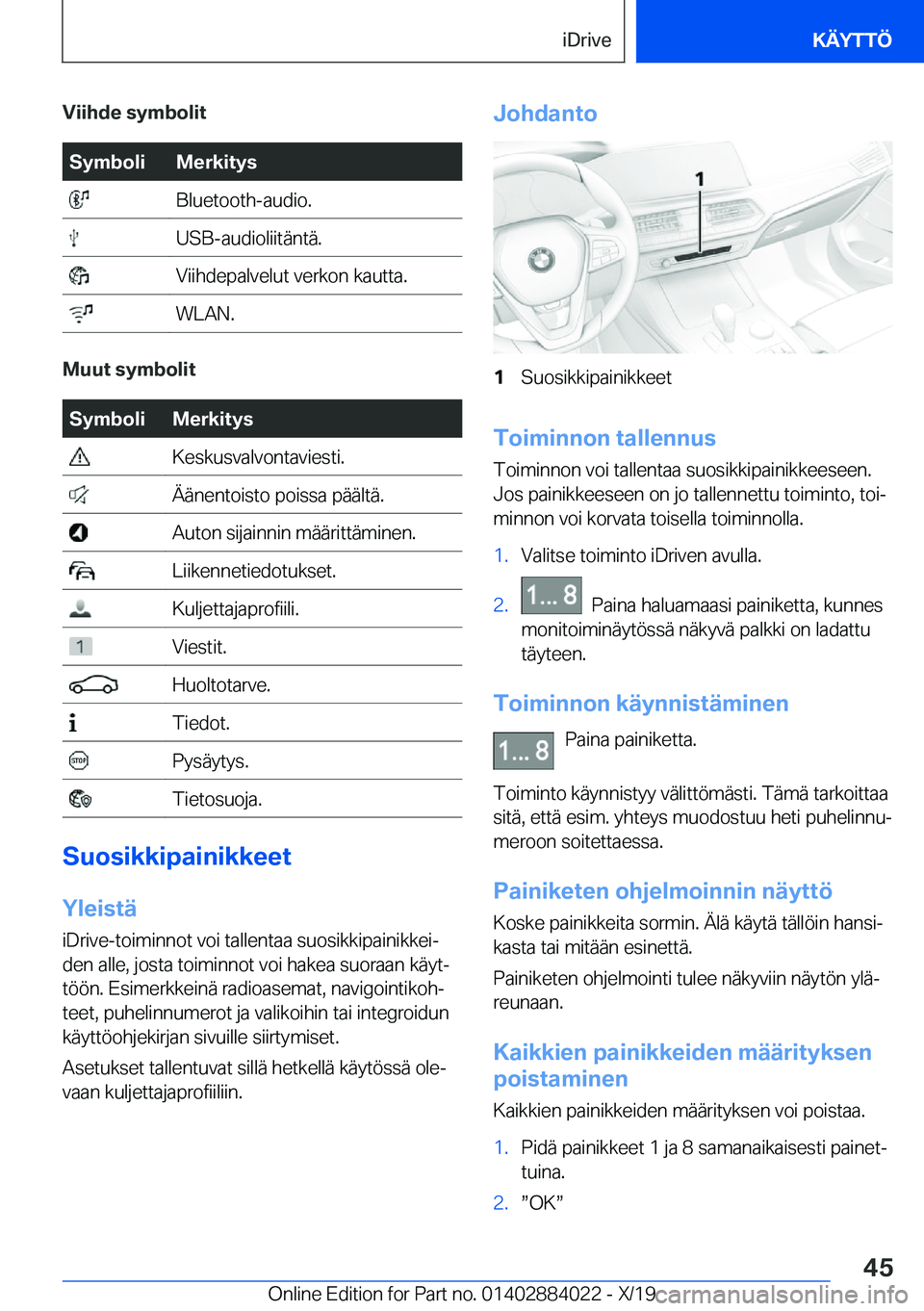 BMW X7 2020  Omistajan Käsikirja (in Finnish) �V�i�i�h�d�e��s�y�m�b�o�l�i�t�S�y�m�b�o�l�i�M�e�r�k�i�t�y�s��B�l�u�e�t�o�o�t�h�-�a�u�d�i�o�.��U�S�B�-�a�u�d�i�o�l�i�i�t�