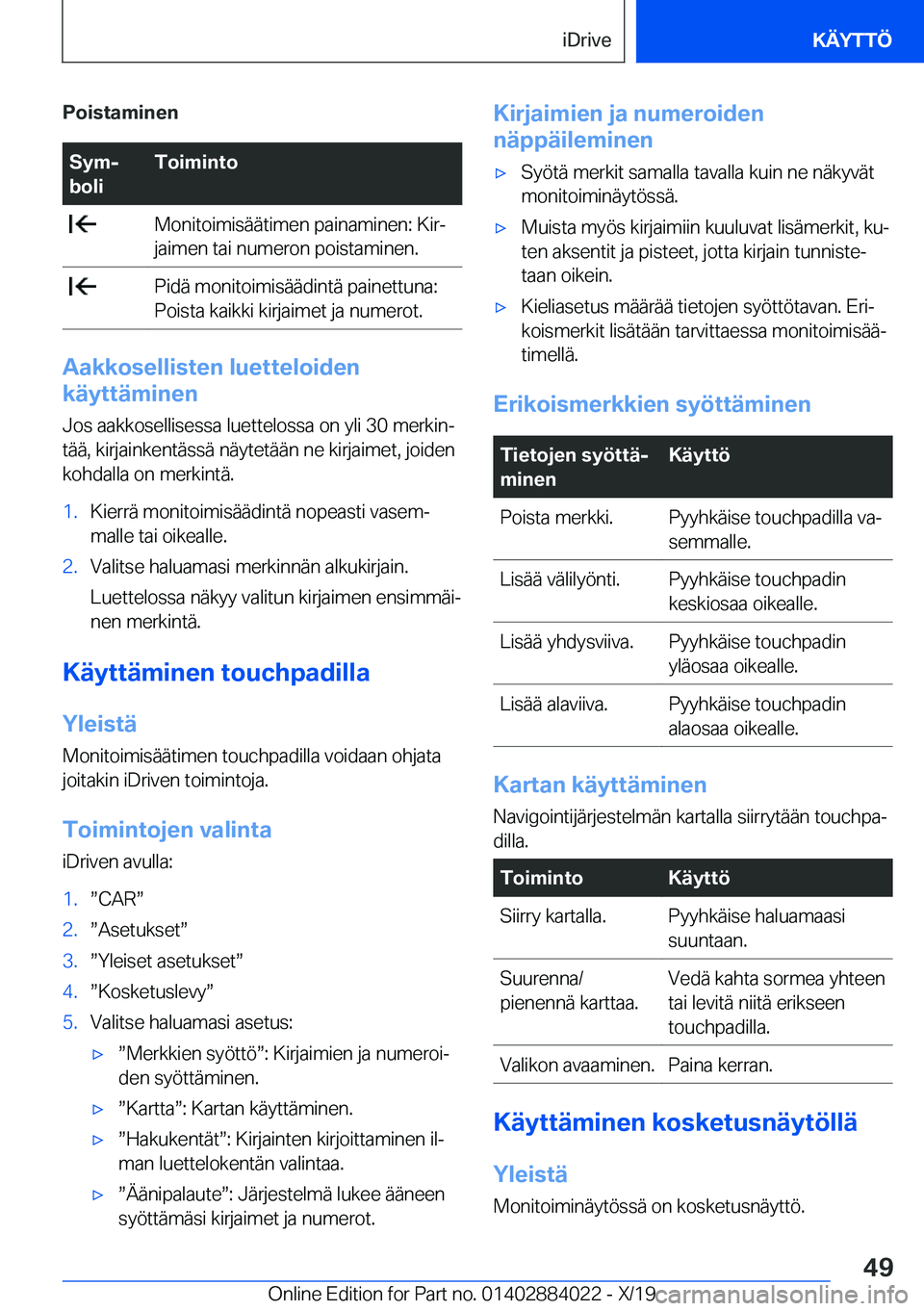 BMW X7 2020  Omistajan Käsikirja (in Finnish) �P�o�i�s�t�a�m�i�n�e�n�S�y�mj
�b�o�l�i�T�o�i�m�i�n�t�o��M�o�n�i�t�o�i�m�i�s�