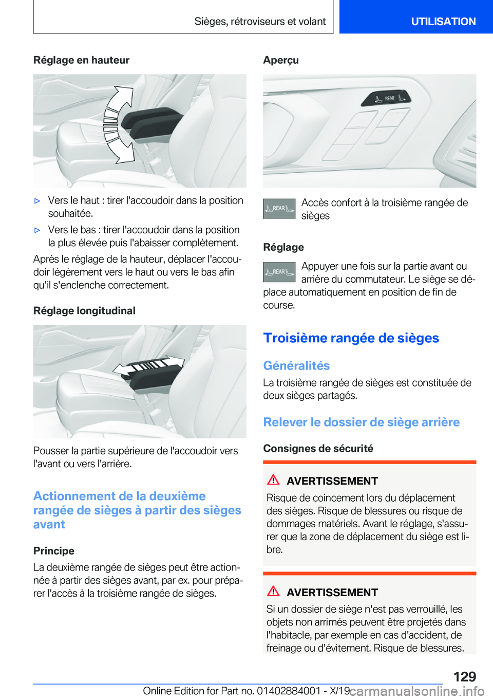 BMW X7 2020  Notices Demploi (in French) �R�é�g�l�a�g�e��e�n��h�a�u�t�e�u�r'x�V�e�r�s��l�e��h�a�u�t��:��t�i�r�e�r��l�'�a�c�c�o�u�d�o�i�r��d�a�n�s��l�a��p�o�s�i�t�i�o�n�s�o�u�h�a�i�t�é�e�.'x�V�e�r�s��l�e��b�a�s��:�