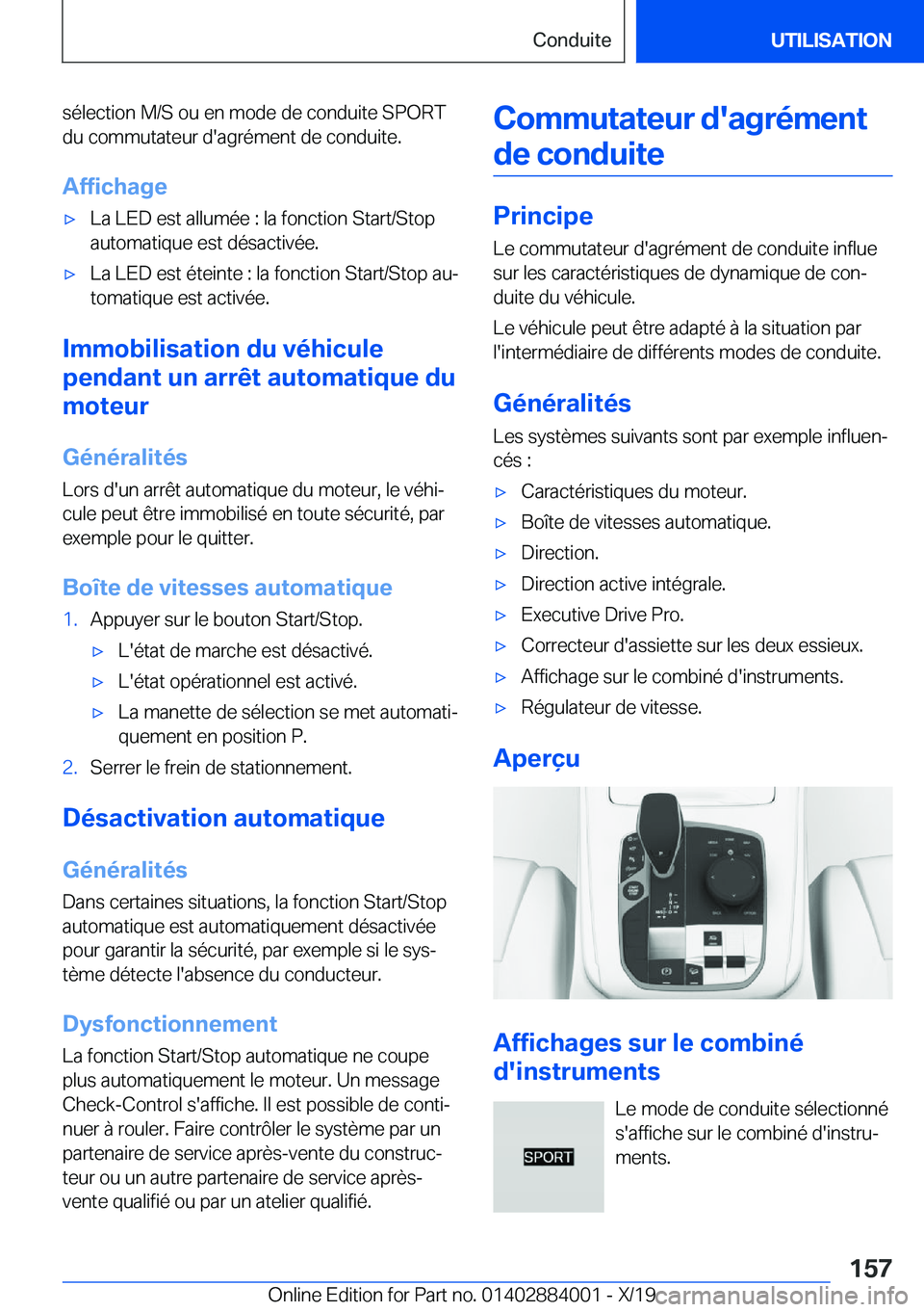 BMW X7 2020  Notices Demploi (in French) �s�é�l�e�c�t�i�o�n��M�/�S��o�u��e�n��m�o�d�e��d�e��c�o�n�d�u�i�t�e��S�P�O�R�T�d�u��c�o�m�m�u�t�a�t�e�u�r��d�'�a�g�r�é�m�e�n�t��d�e��c�o�n�d�u�i�t�e�.
�A�f�f�i�c�h�a�g�e'x�L�a��L�
