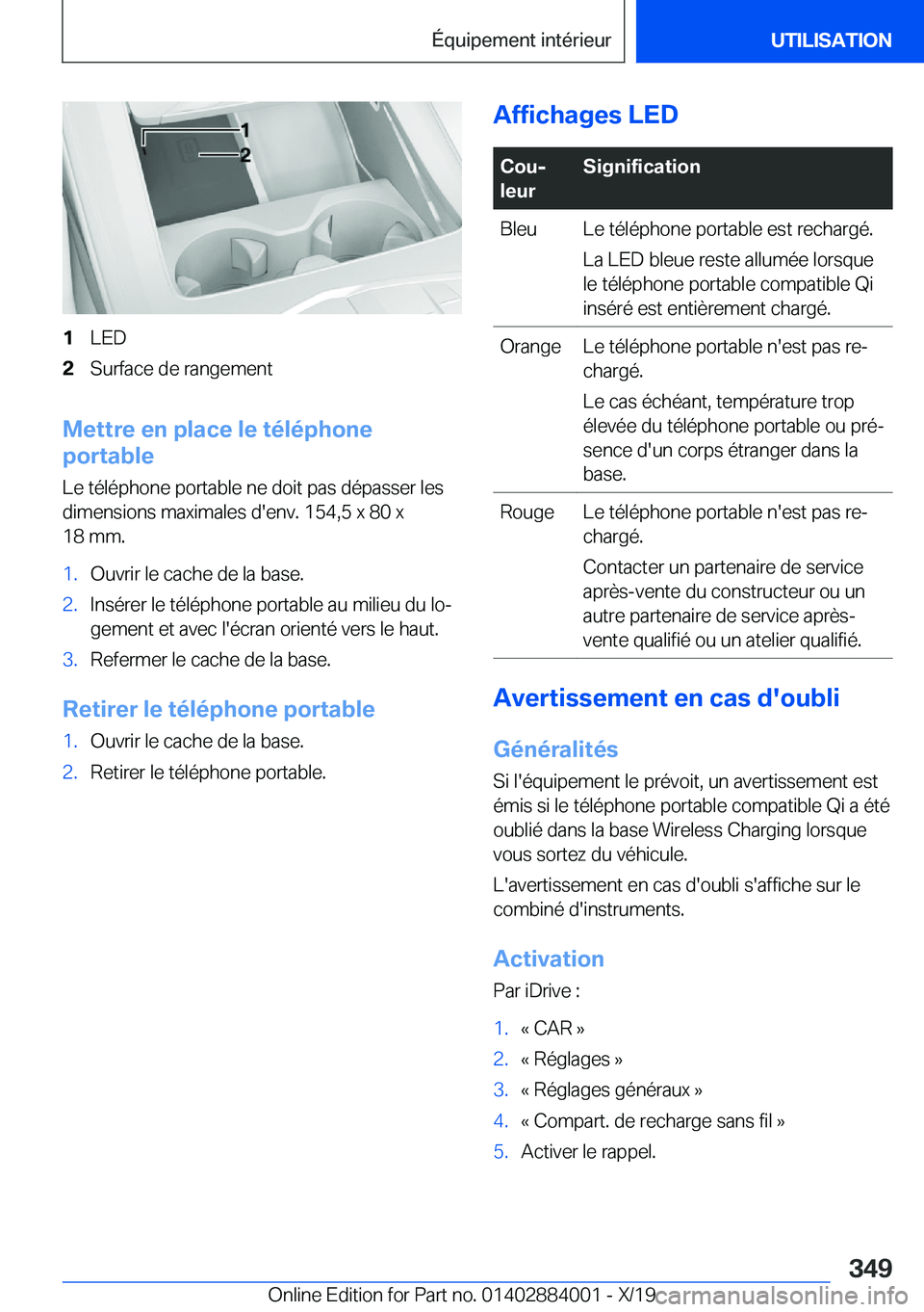 BMW X7 2020  Notices Demploi (in French) �1�L�E�D�2�S�u�r�f�a�c�e��d�e��r�a�n�g�e�m�e�n�t
�M�e�t�t�r�e��e�n��p�l�a�c�e��l�e��t�é�l�é�p�h�o�n�e
�p�o�r�t�a�b�l�e
�L�e��t�é�l�é�p�h�o�n�e��p�o�r�t�a�b�l�e��n�e��d�o�i�t��p�a�s��d�