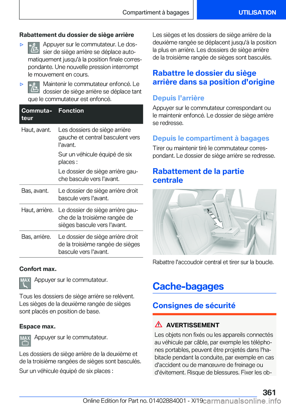 BMW X7 2020  Notices Demploi (in French) �R�a�b�a�t�t�e�m�e�n�t��d�u��d�o�s�s�i�e�r��d�e��s�i�è�g�e��a�r�r�i�è�r�e'x�A�p�p�u�y�e�r��s�u�r��l�e��c�o�m�m�u�t�a�t�e�u�r�.��L�e��d�o�sj
�s�i�e�r��d�e��s�i�è�g�e��a�r�r�i�è�r�