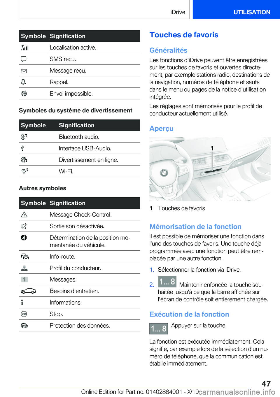 BMW X7 2020  Notices Demploi (in French) �S�y�m�b�o�l�e�S�i�g�n�i�f�i�c�a�t�i�o�n��L�o�c�a�l�i�s�a�t�i�o�n��a�c�t�i�v�e�.��S�M�S��r�e�ç�u�.��M�e�s�s�a�g�e��r�e�ç�u�.��R�a�p�p�e�l�.��E�n�v�o�i��i�m�p�o�s�s�i�b�l�e�.
�S�y�m�b�o�l�e�