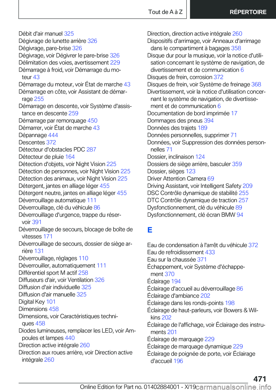 BMW X7 2020  Notices Demploi (in French) �D�é�b�i�t��d�'�a�i�r��m�a�n�u�e�l��3�2�5�
�D�é�g�i�v�r�a�g�e��d�e��l�u�n�e�t�t�e��a�r�r�i�è�r�e� �3�2�6�
�D�é�g�i�v�r�a�g�e�,��p�a�r�e�-�b�r�i�s�e� �3�2�6�
�D�é�g�i�v�r�a�g�e�,�