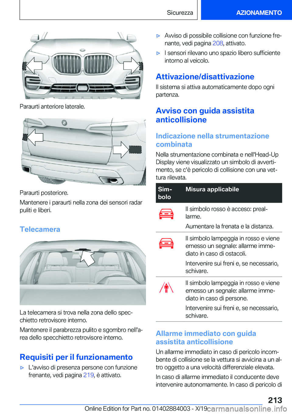 BMW X7 2020  Libretti Di Uso E manutenzione (in Italian) �P�a�r�a�u�r�t�i��a�n�t�e�r�i�o�r�e��l�a�t�e�r�a�l�e�.
�P�a�r�a�u�r�t�i��p�o�s�t�e�r�i�o�r�e�.
�M�a�n�t�e�n�e�r�e��i��p�a�r�a�u�r�t�i��n�e�l�l�a��z�o�n�a��d�e�i��s�e�n�s�o�r�i��r�a�d�a�r �p�