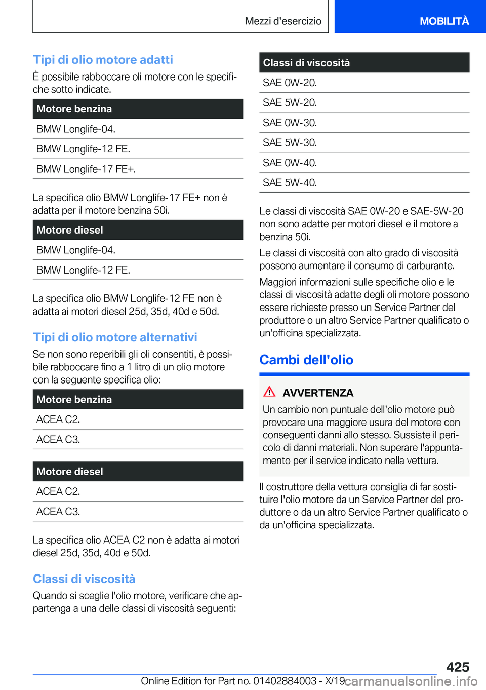 BMW X7 2020  Libretti Di Uso E manutenzione (in Italian) �T�i�p�i��d�i��o�l�i�o��m�o�t�o�r�e��a�d�a�t�t�i
�