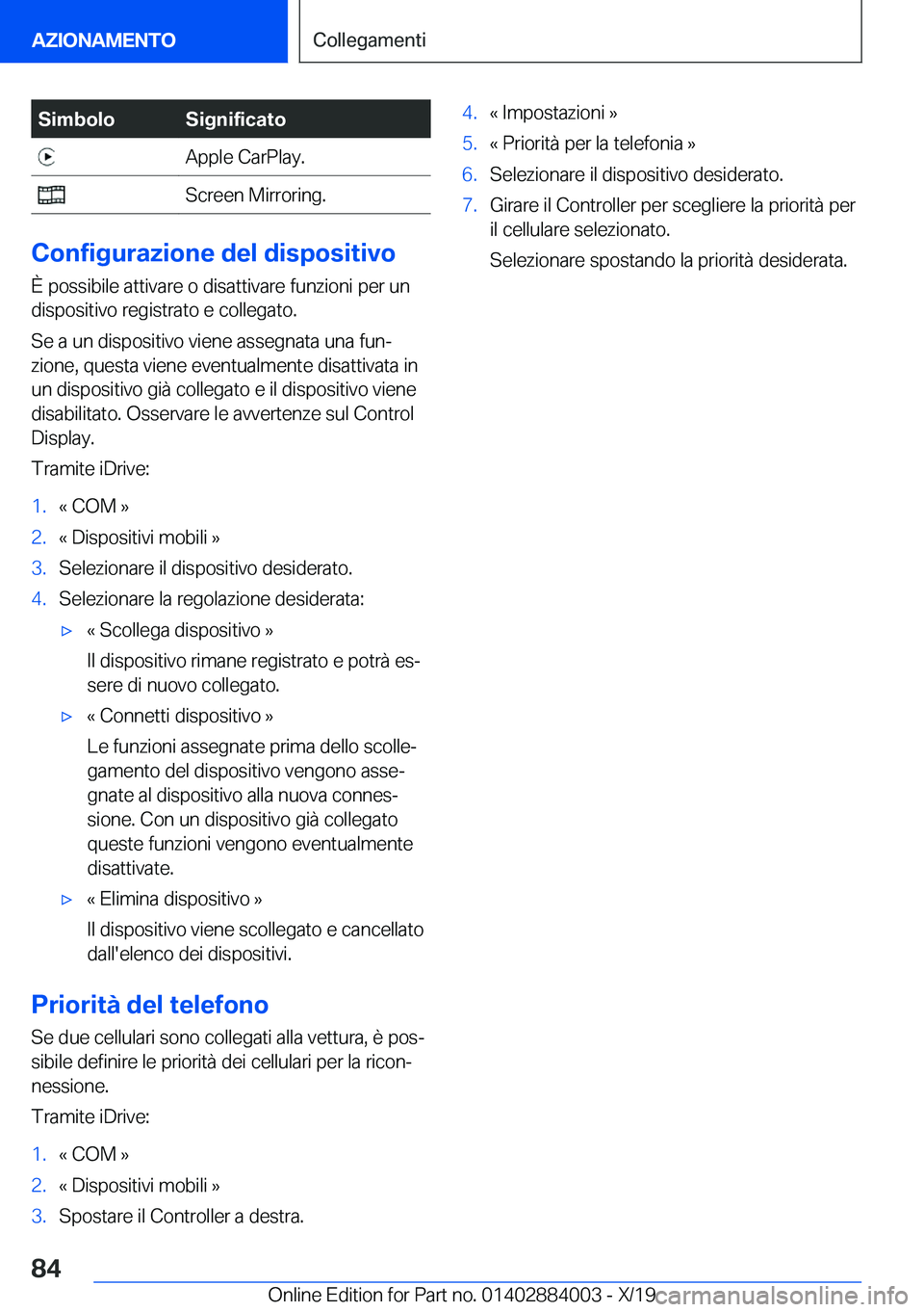 BMW X7 2020  Libretti Di Uso E manutenzione (in Italian) �S�i�m�b�o�l�o�S�i�g�n�i�f�i�c�a�t�o��A�p�p�l�e��C�a�r�P�l�a�y�.��S�c�r�e�e�n��M�i�r�r�o�r�i�n�g�.
�C�o�n�f�i�g�u�r�a�z�i�o�n�e��d�e�l��d�i�s�p�o�s�i�t�i�v�o�