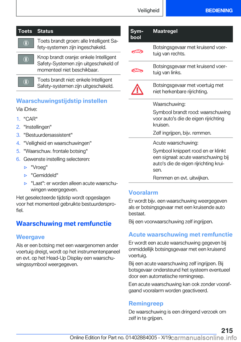 BMW X7 2020  Instructieboekjes (in Dutch) �T�o�e�t�s�S�t�a�t�u�s�T�o�e�t�s��b�r�a�n�d�t��g�r�o�e�n�:��a�l�l�e��I�n�t�e�l�l�i�g�e�n�t��S�aj
�f�e�t�y�-�s�y�s�t�e�m�e�n��z�i�j�n��i�n�g�e�s�c�h�a�k�e�l�d�.�K�n�o�p��b�r�a�n�d�t��o�r�a�n�