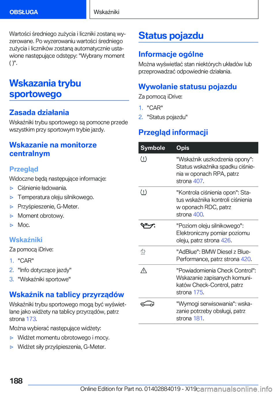 BMW X7 2020  Instrukcja obsługi (in Polish) �W�a�r�t�o�c�i��r�e�d�n�i�e�g�o��z�u9�y�c�i�a��i��l�i�c�z�n�i�k�i��z�o�s�t�a�n�