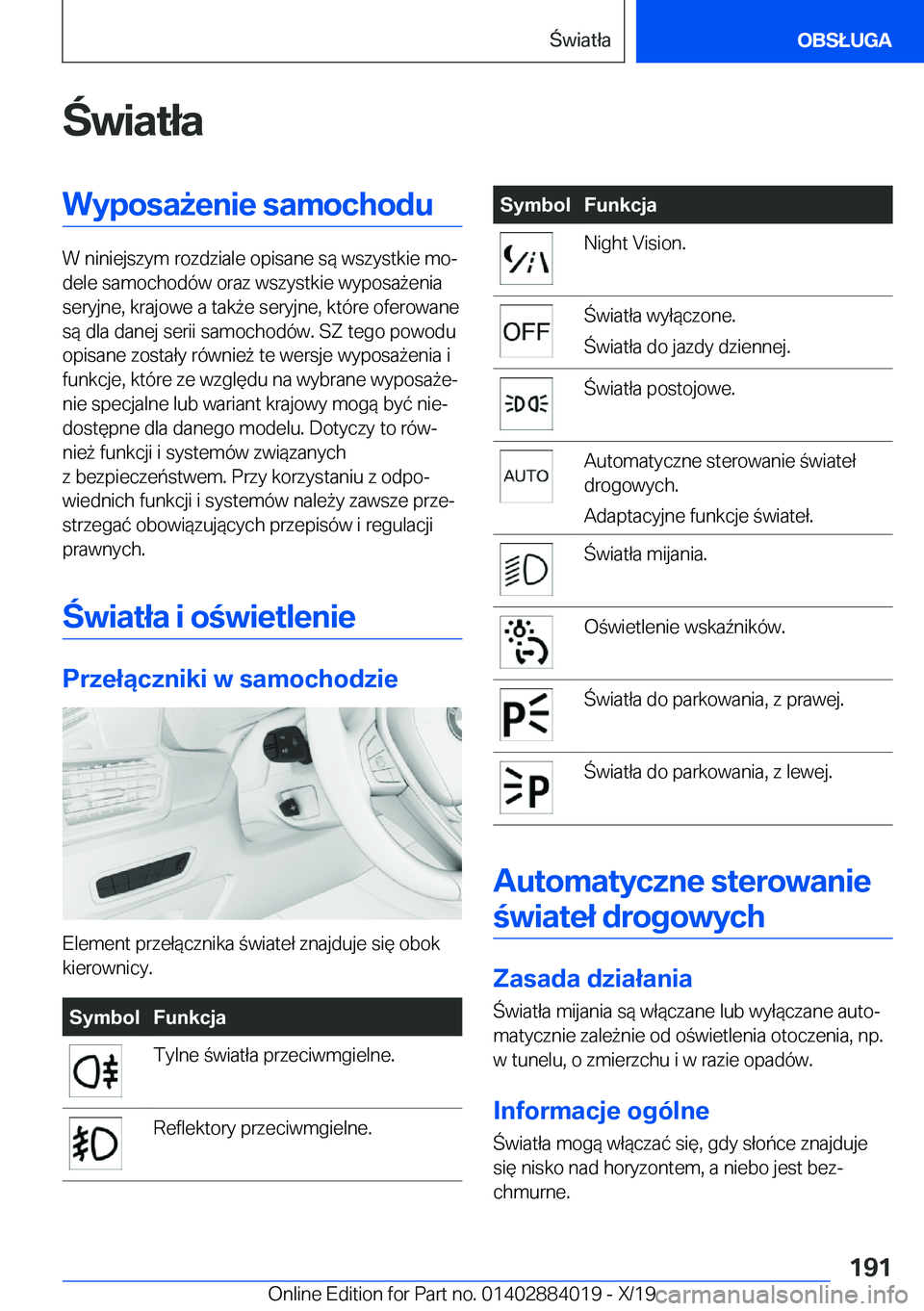 BMW X7 2020  Instrukcja obsługi (in Polish) �w�i�a�t�ł�a�W�y�p�o�s�a9�e�n�i�e��s�a�m�o�c�h�o�d�u
�W��n�i�n�i�e�j�s�z�y�m��r�o�z�d�z�i�a�l�e��o�p�i�s�a�n�e��s�