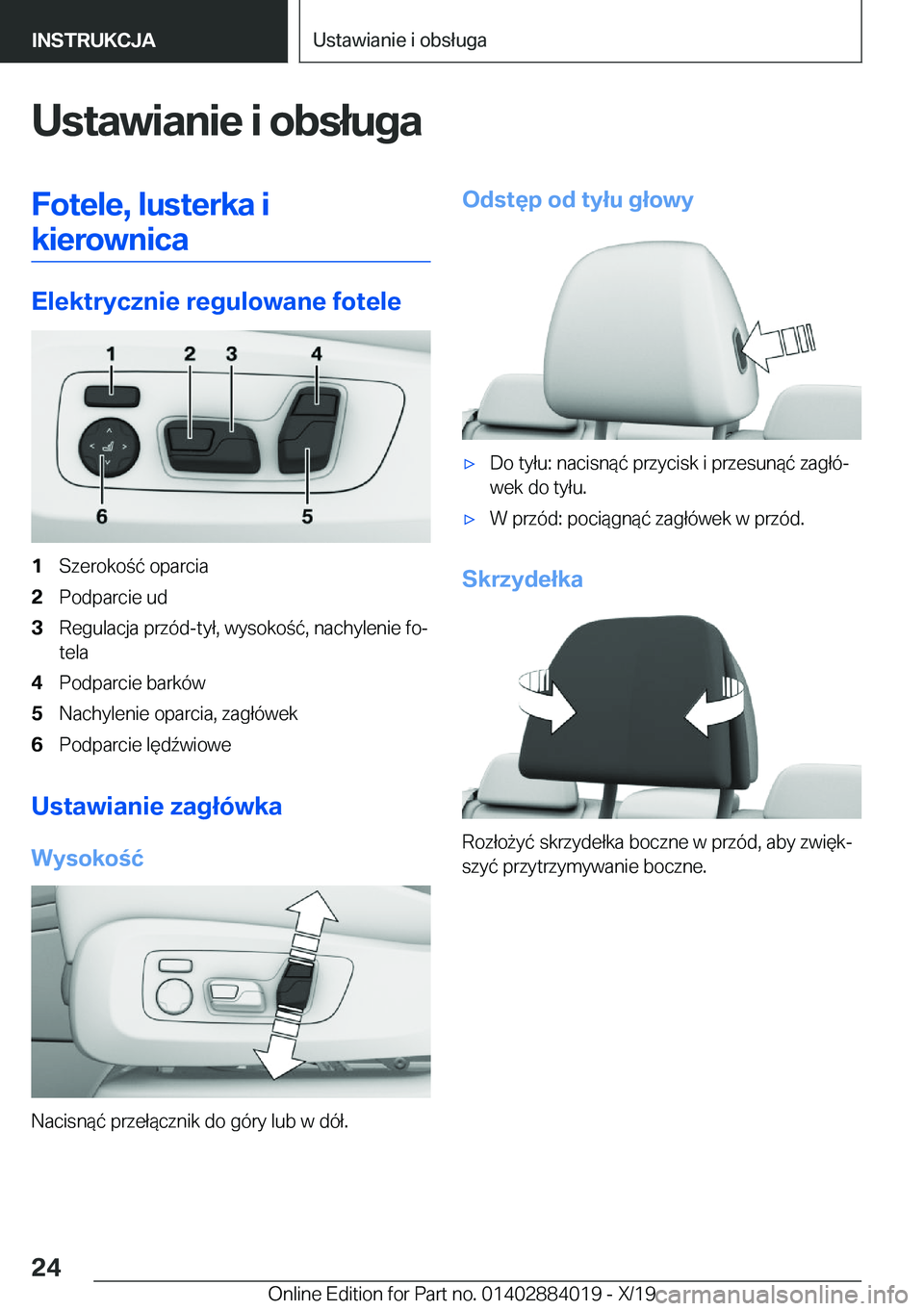 BMW X7 2020  Instrukcja obsługi (in Polish) �U�s�t�a�w�i�a�n�i�e��i��o�b�s�ł�u�g�a�F�o�t�e�l�e�,��l�u�s�t�e�r�k�a��i�k�i�e�r�o�w�n�i�c�a
�E�l�e�k�t�r�y�c�z�n�i�e��r�e�g�u�l�o�w�a�n�e��f�o�t�e�l�e
�1�S�z�e�r�o�k�o�