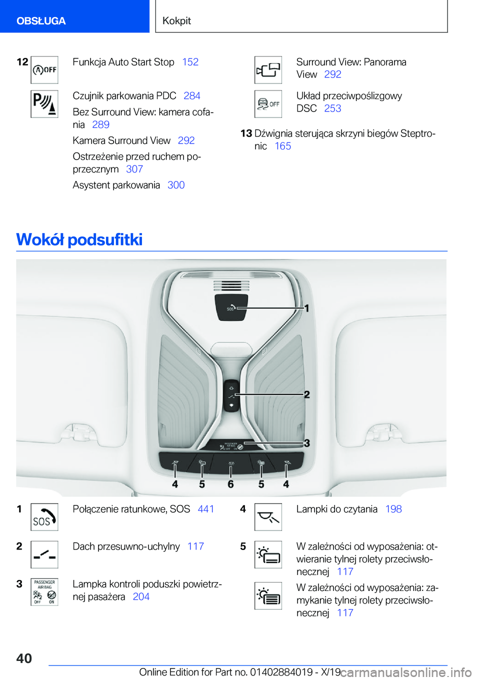 BMW X7 2020  Instrukcja obsługi (in Polish) �1�2�F�u�n�k�c�j�a��A�u�t�o��S�t�a�r�t��S�t�o�p\_�1�5�2�C�z�u�j�n�i�k��p�a�r�k�o�w�a�n�i�a��P�D�C\_ �2�8�4
�B�e�z��S�u�r�r�o�u�n�d��V�i�e�w�:��k�a�m�e�r�a��c�o�f�aj
�n�i�a\_ �2�8�9
�K�