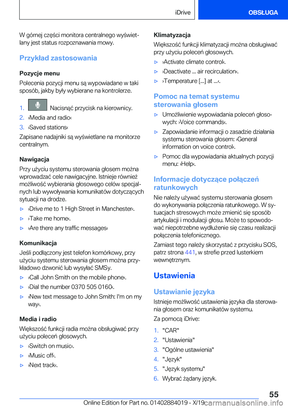 BMW X7 2020  Instrukcja obsługi (in Polish) �W��g�