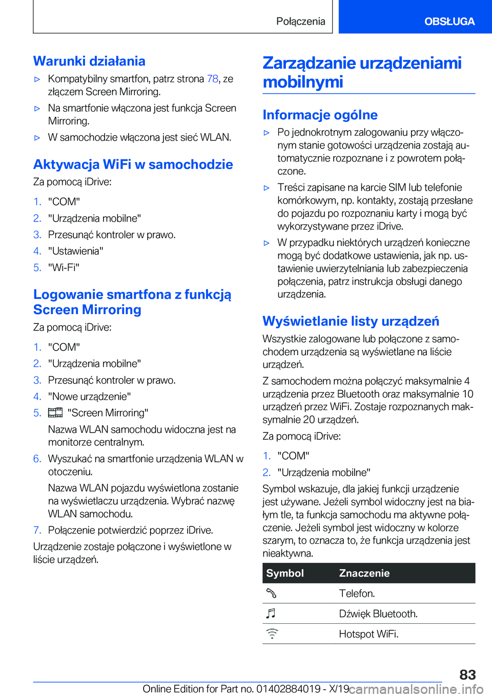 BMW X7 2020  Instrukcja obsługi (in Polish) �W�a�r�u�n�k�i��d�z�i�a�ł�a�n�i�a'x�K�o�m�p�a�t�y�b�i�l�n�y��s�m�a�r�t�f�o�n�,��p�a�t�r�z��s�t�r�o�n�a��7�8�,��z�e
�z�ł�
