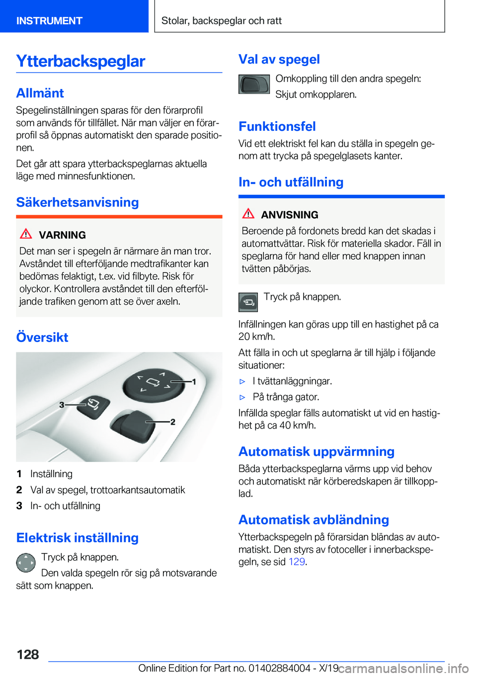 BMW X7 2020  InstruktionsbÖcker (in Swedish) �Y�t�t�e�r�b�a�c�k�s�p�e�g�l�a�r
�A�l�l�m�ä�n�t
�S�p�e�g�e�l�i�n�s�t�ä�l�l�n�i�n�g�e�n��s�p�a�r�a�s��f�