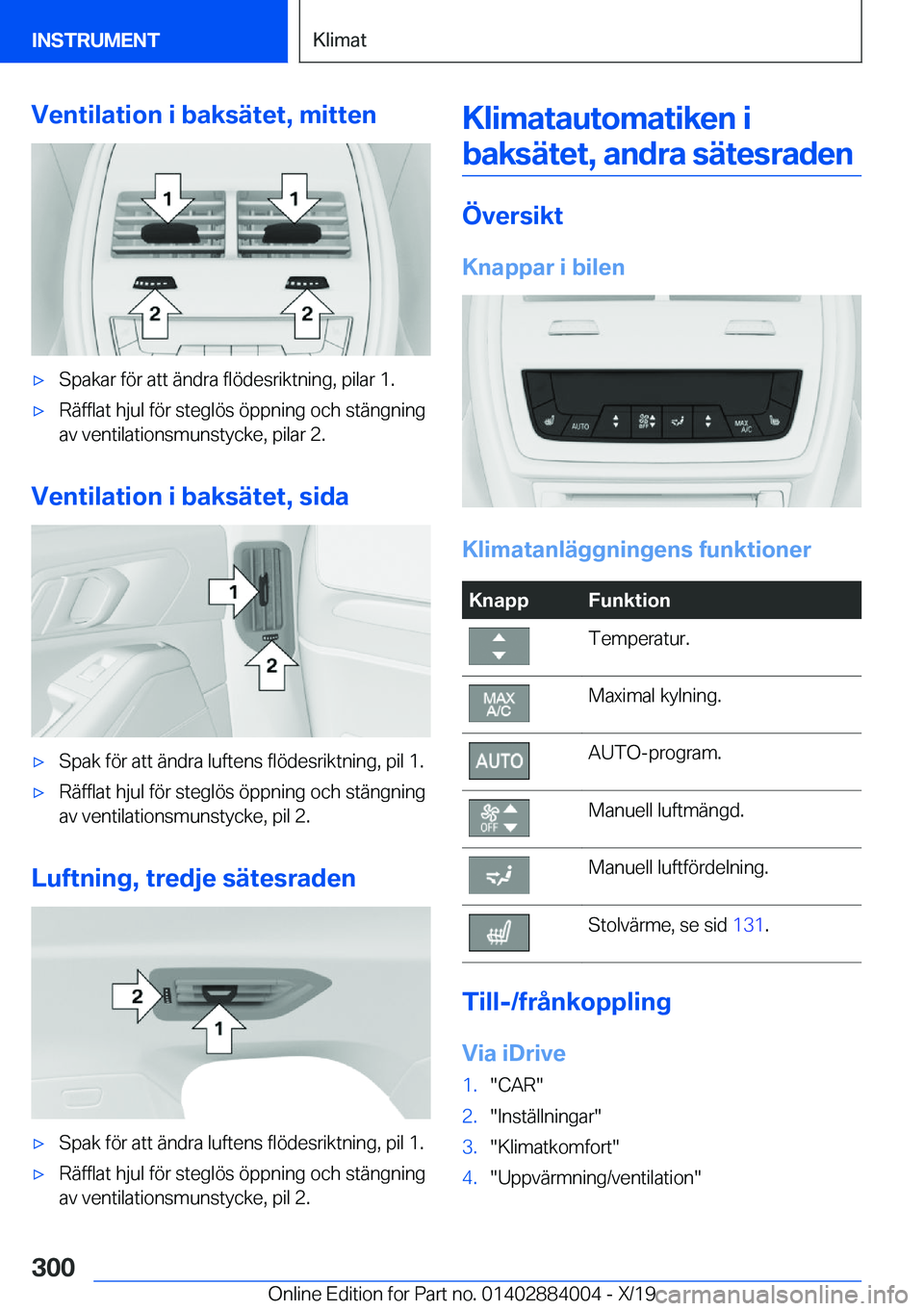 BMW X7 2020  InstruktionsbÖcker (in Swedish) �V�e�n�t�i�l�a�t�i�o�n��i��b�a�k�s�ä�t�e�t�,��m�i�t�t�e�n'x�S�p�a�k�a�r��f�
