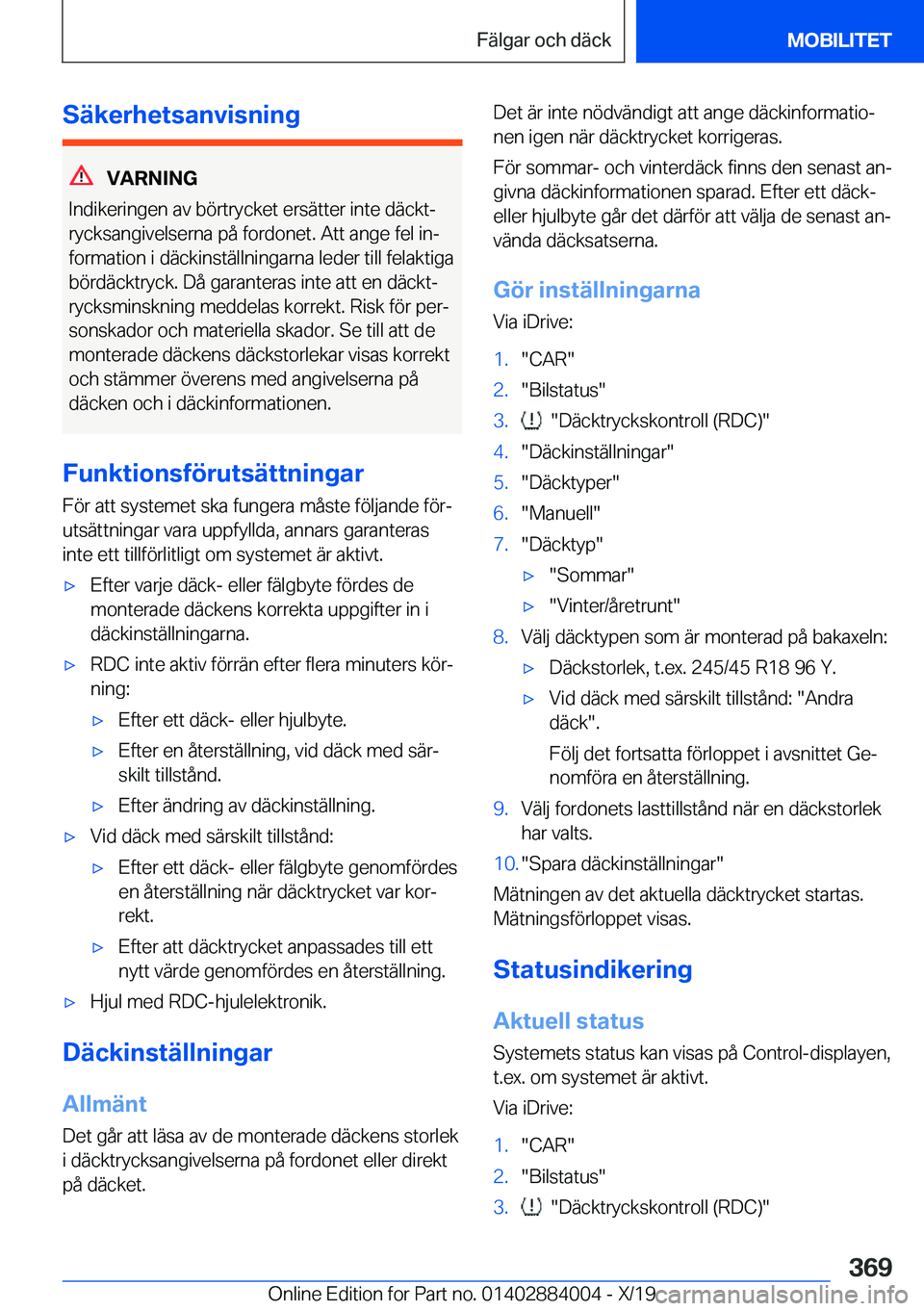 BMW X7 2020  InstruktionsbÖcker (in Swedish) �S�ä�k�e�r�h�e�t�s�a�n�v�i�s�n�i�n�g
�V�A�R�N�I�N�G
�I�n�d�i�k�e�r�i�n�g�e�n��a�v��b�