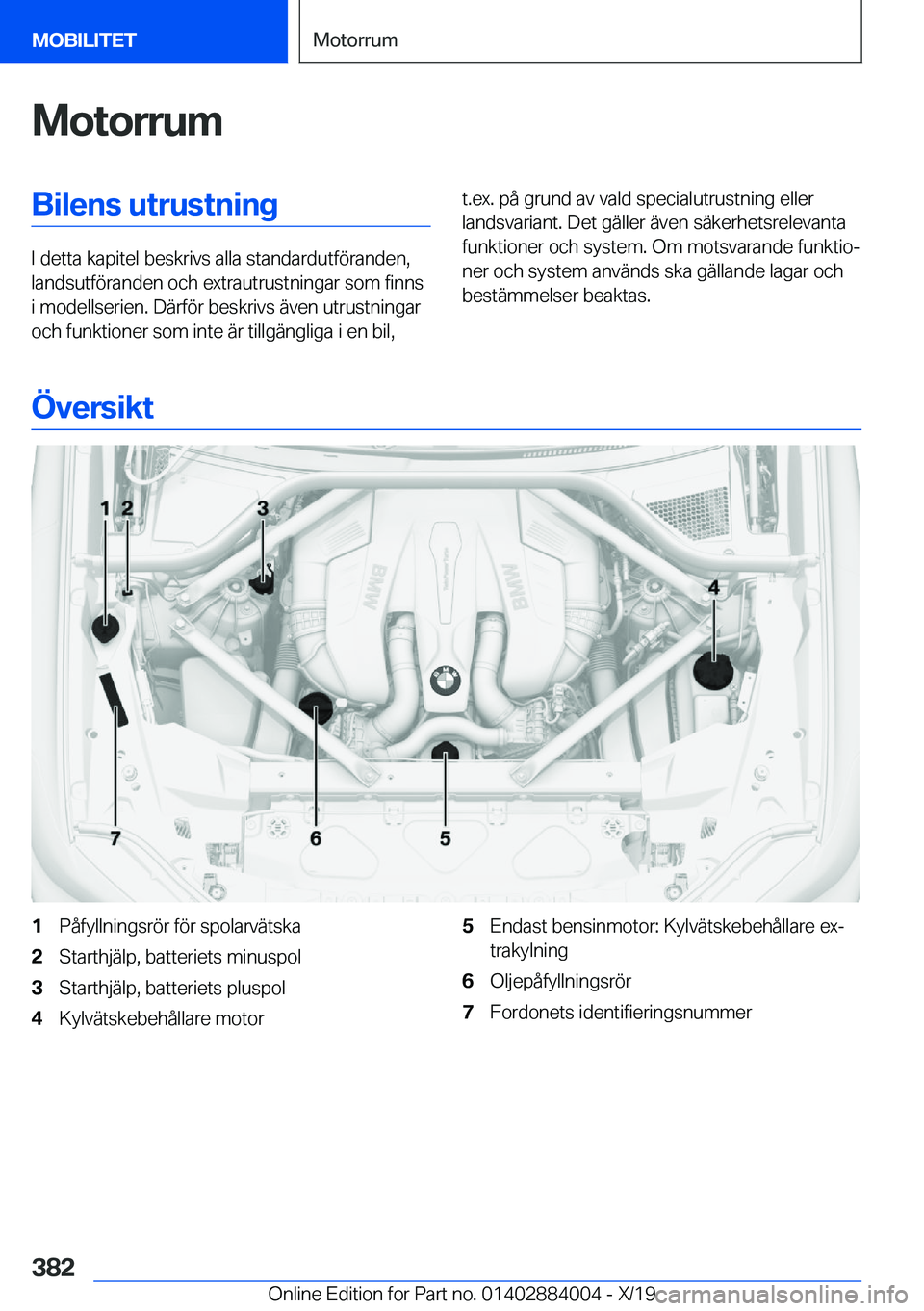 BMW X7 2020  InstruktionsbÖcker (in Swedish) �M�o�t�o�r�r�u�m�B�i�l�e�n�s��u�t�r�u�s�t�n�i�n�g
�I��d�e�t�t�a��k�a�p�i�t�e�l��b�e�s�k�r�i�v�s��a�l�l�a��s�t�a�n�d�a�r�d�u�t�f�