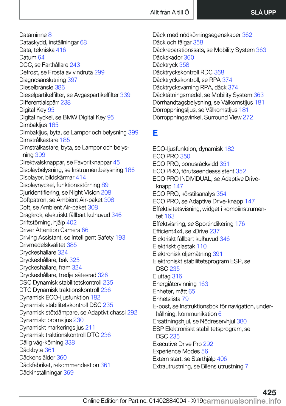 BMW X7 2020  InstruktionsbÖcker (in Swedish) �D�a�t�a�m�i�n�n�e��8�
�D�a�t�a�s�k�y�d�d�,��i�n�s�t�ä�l�l�n�i�n�g�a�r� �6�8�
�D�a�t�a�,��t�e�k�n�i�s�k�a� �4�1�6�
�D�a�t�u�m� �6�4�
�D�C�C�,��s�e��F�a�r�t�h�å�l�l�a�r�e� �2�4�3�
�D�e�