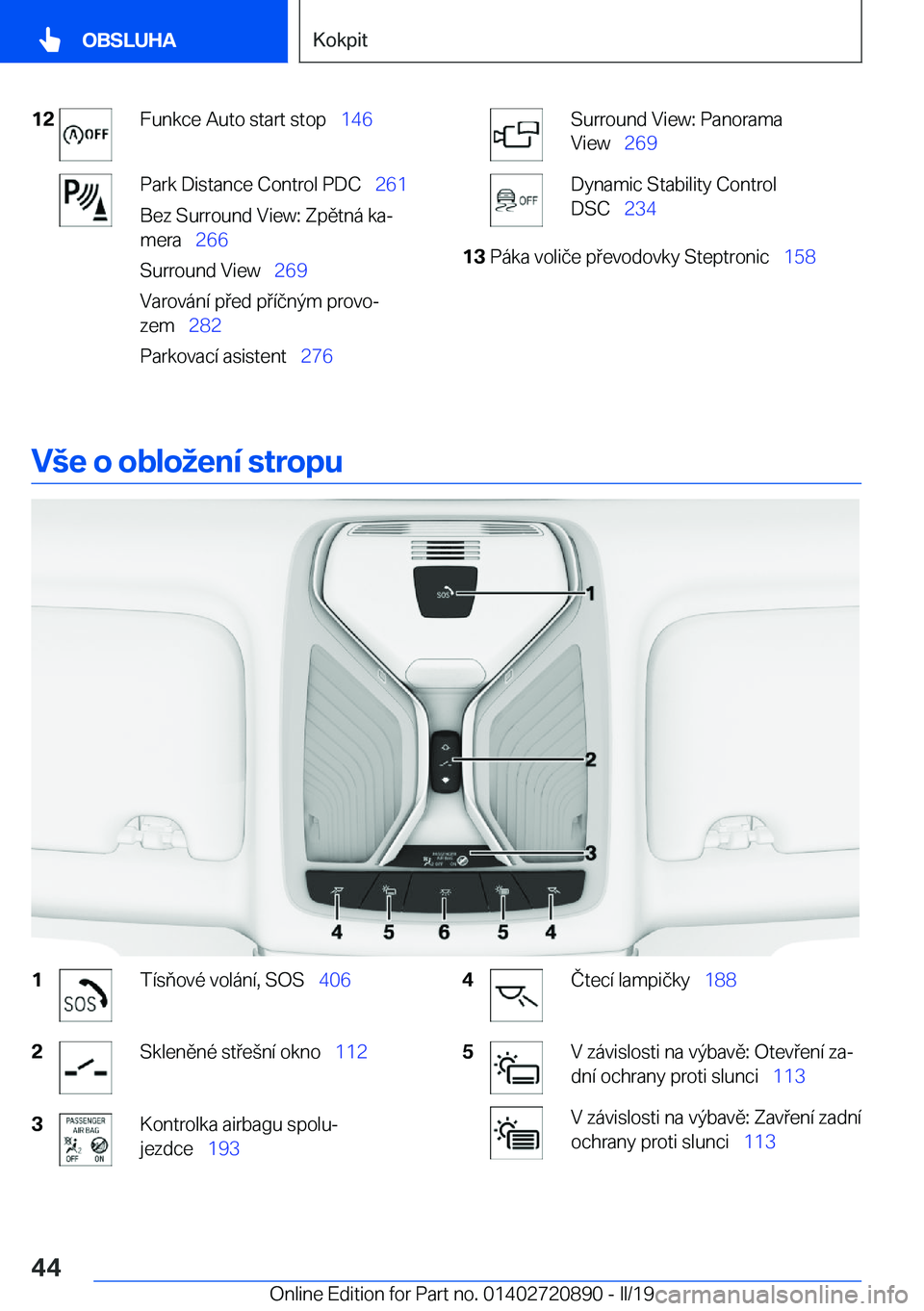 BMW X7 2019  Návod na použití (in Czech) �1�2�F�u�n�k�c�e��A�u�t�o��s�t�a�r�t��s�t�o�p\_�1�4�6�P�a�r�k��D�i�s�t�a�n�c�e��C�o�n�t�r�o�l��P�D�C\_ �2�6�1
�B�e�z��S�u�r�r�o�u�n�d��V�i�e�w�:��Z�p�