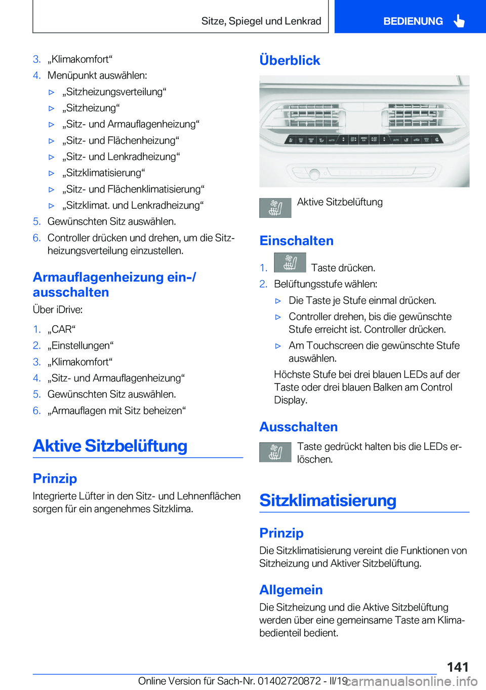 BMW X7 2019  Betriebsanleitungen (in German) �3�.x�K�l�i�m�a�k�o�m�f�o�r�tv�4�.�M�e�n�