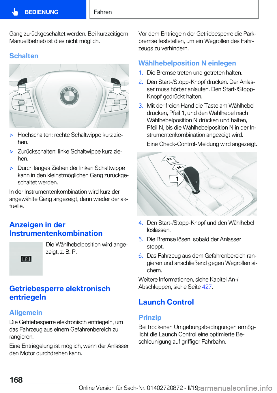 BMW X7 2019  Betriebsanleitungen (in German) �G�a�n�g��z�u�r�