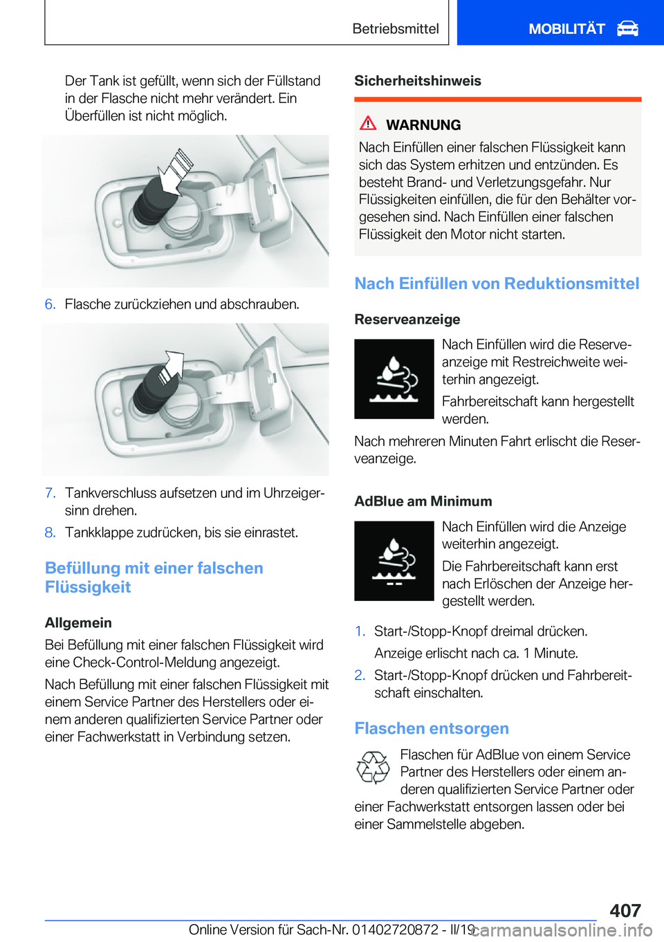 BMW X7 2019  Betriebsanleitungen (in German) �D�e�r��T�a�n�k��i�s�t��g�e�f�