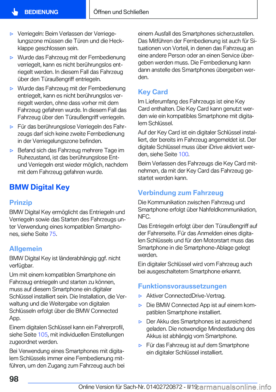 BMW X7 2019  Betriebsanleitungen (in German) x�V�e�r�r�i�e�g�e�l�n�:��B�e�i�m��V�e�r�l�a�s�s�e�n��d�e�r��V�e�r�r�i�e�g�ej
�l�u�n�g�s�z�o�n�e��m�