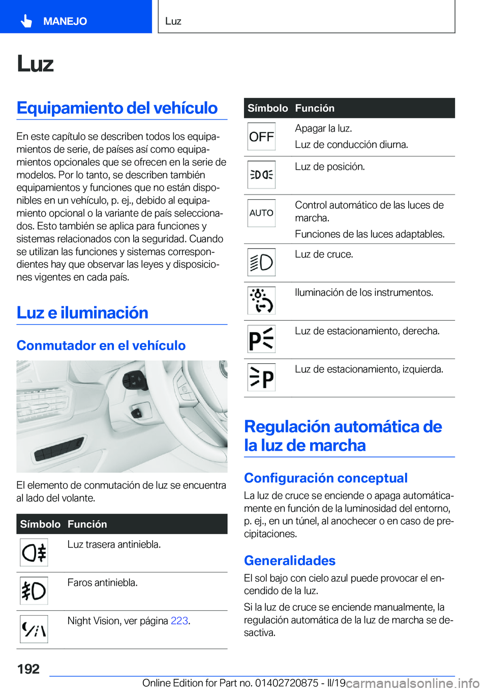 BMW X7 2019  Manuales de Empleo (in Spanish) �L�u�z�E�q�u�i�p�a�m�i�e�n�t�o��d�e�l��v�e�h�