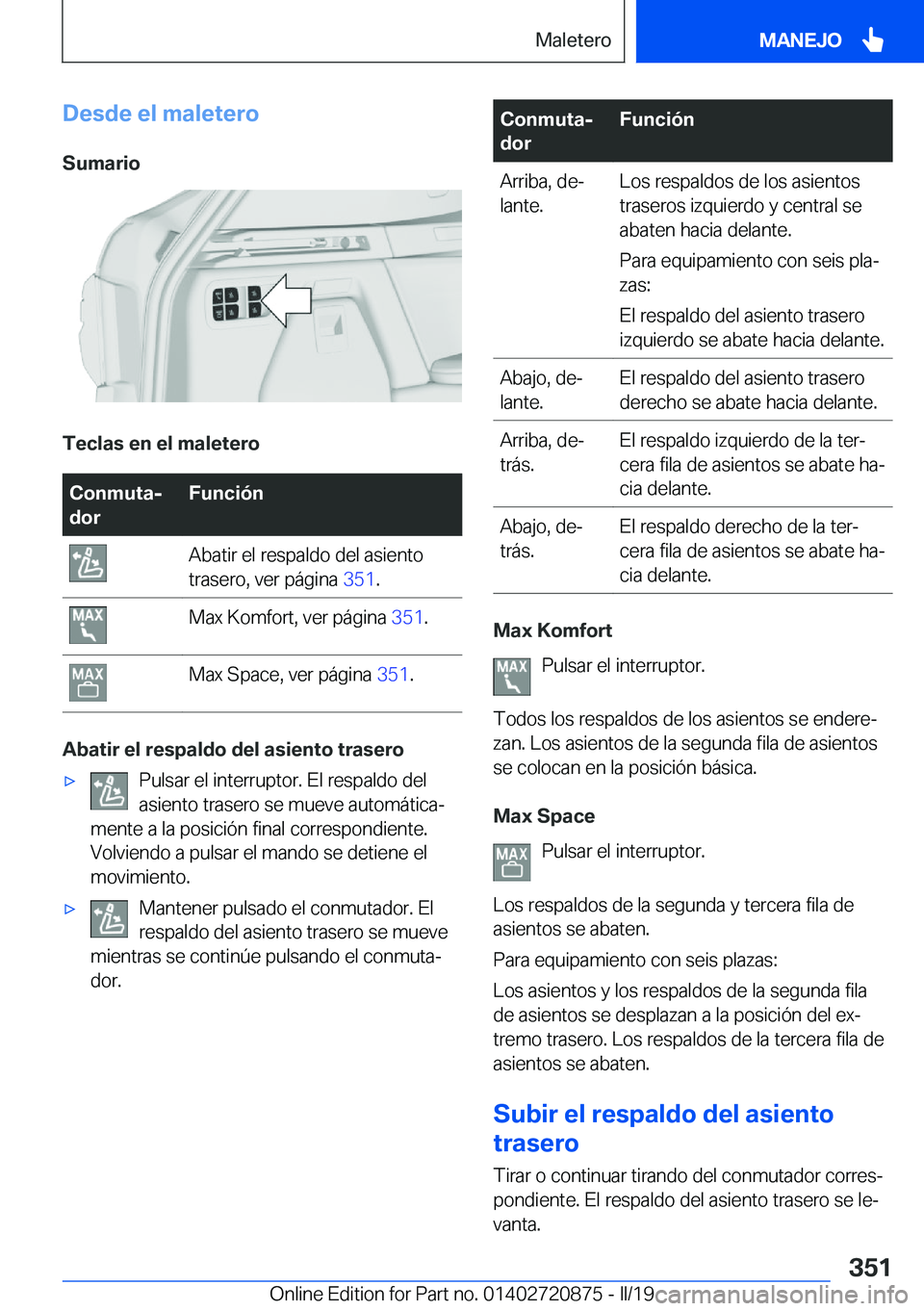 BMW X7 2019  Manuales de Empleo (in Spanish) �D�e�s�d�e��e�l��m�a�l�e�t�e�r�o�S�u�m�a�r�i�o
�T�e�c�l�a�s��e�n��e�l��m�a�l�e�t�e�r�o
�C�o�n�m�u�t�aj
�d�o�r�F�u�n�c�i�