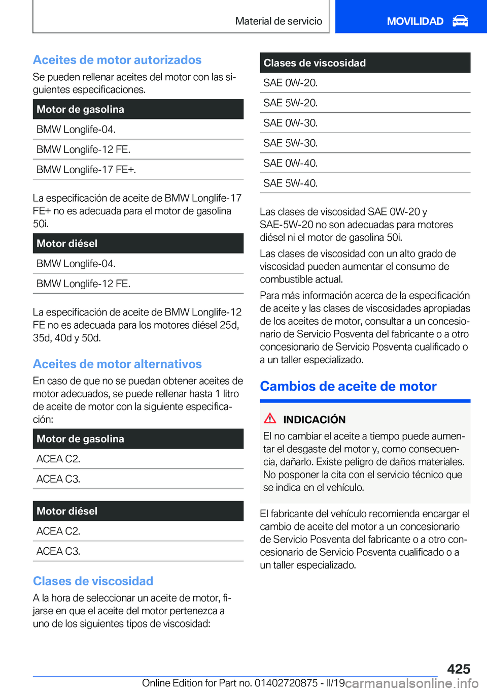BMW X7 2019  Manuales de Empleo (in Spanish) �A�c�e�i�t�e�s��d�e��m�o�t�o�r��a�u�t�o�r�i�z�a�d�o�s�S�e��p�u�e�d�e�n��r�e�l�l�e�n�a�r��a�c�e�i�t�e�s��d�e�l��m�o�t�o�r��c�o�n��l�a�s��s�iª
�g�u�i�e�n�t�e�s��e�s�p�e�c�i�f�i�c�a�c�i�o�n