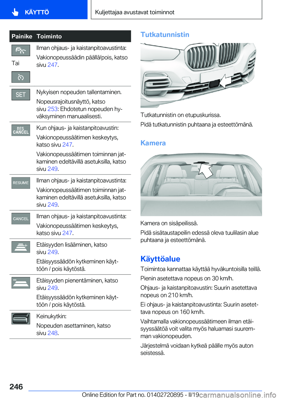 BMW X7 2019  Omistajan Käsikirja (in Finnish) �P�a�i�n�i�k�e�T�o�i�m�i�n�t�o
�T�a�i
�I�l�m�a�n��o�h�j�a�u�s�-��j�a��k�a�i�s�t�a�n�p�i�t�o�a�v�u�s�t�i�n�t�a�:
�V�a�k�i�o�n�o�p�e�u�s�s�