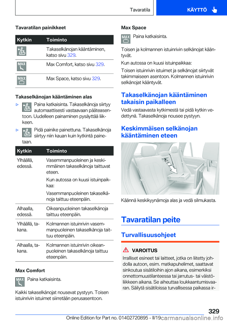 BMW X7 2019  Omistajan Käsikirja (in Finnish) �T�a�v�a�r�a�t�i�l�a�n��p�a�i�n�i�k�k�e�e�t�K�y�t�k�i�n�T�o�i�m�i�n�t�o�T�a�k�a�s�e�l�k�