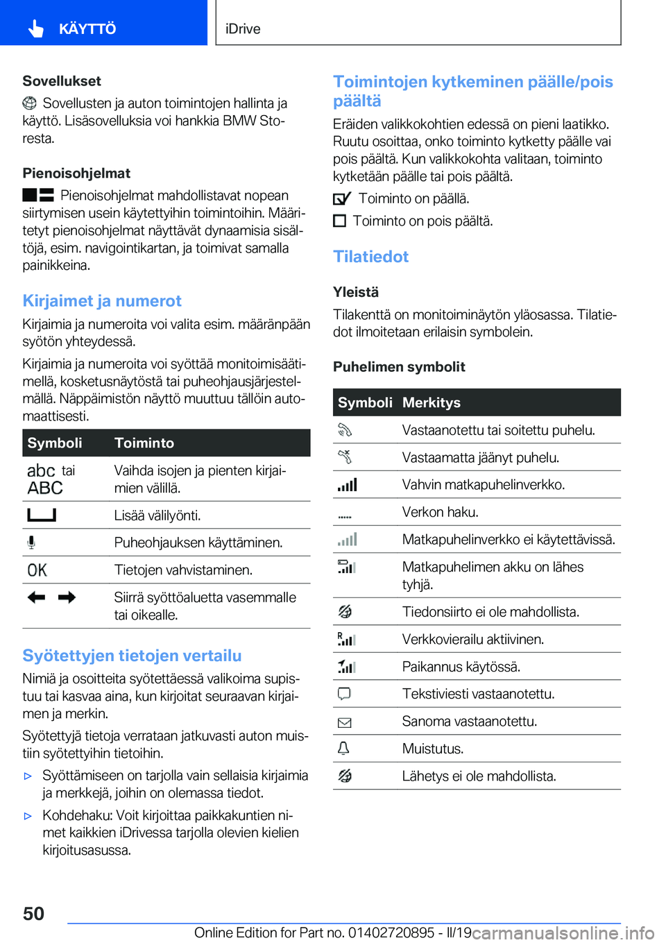 BMW X7 2019  Omistajan Käsikirja (in Finnish) �S�o�v�e�l�l�u�k�s�e�t
���S�o�v�e�l�l�u�s�t�e�n��j�a��a�u�t�o�n��t�o�i�m�i�n�t�o�j�e�n��h�a�l�l�i�n�t�a��j�a
�k�