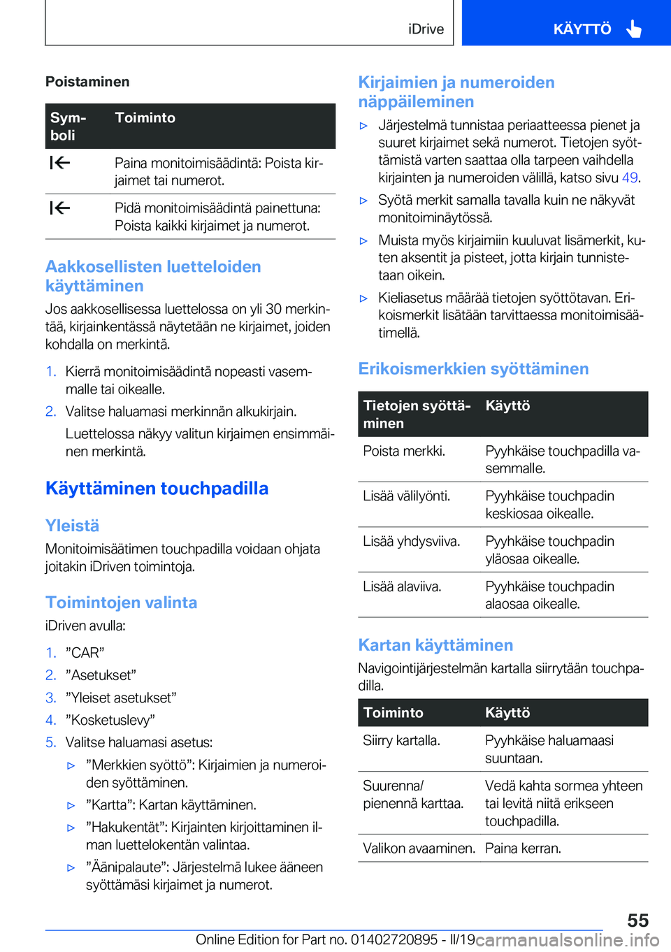 BMW X7 2019  Omistajan Käsikirja (in Finnish) �P�o�i�s�t�a�m�i�n�e�n�S�y�mj
�b�o�l�i�T�o�i�m�i�n�t�o��P�a�i�n�a��m�o�n�i�t�o�i�m�i�s�