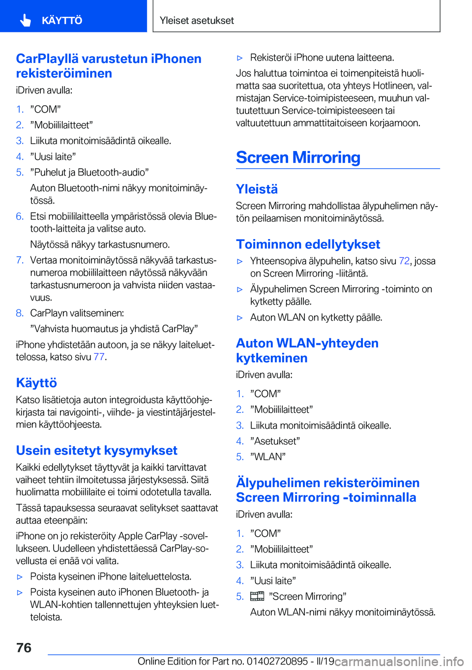 BMW X7 2019  Omistajan Käsikirja (in Finnish) �C�a�r�P�l�a�y�l�l�