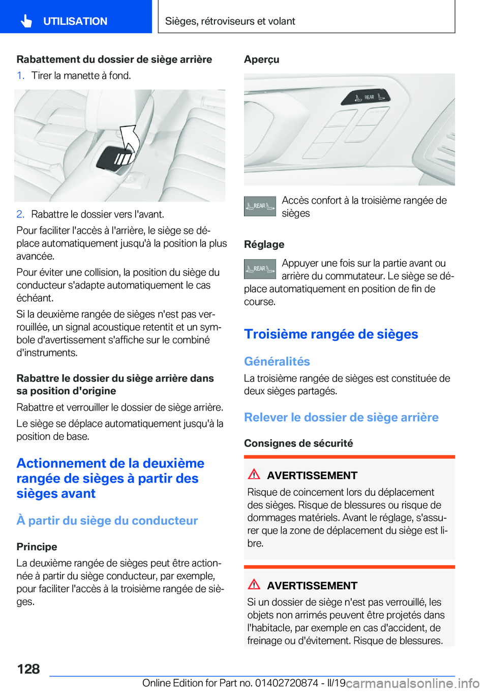 BMW X7 2019  Notices Demploi (in French) �R�a�b�a�t�t�e�m�e�n�t��d�u��d�o�s�s�i�e�r��d�e��s�i�è�g�e��a�r�r�i�è�r�e�1�.�T�i�r�e�r��l�a��m�a�n�e�t�t�e��