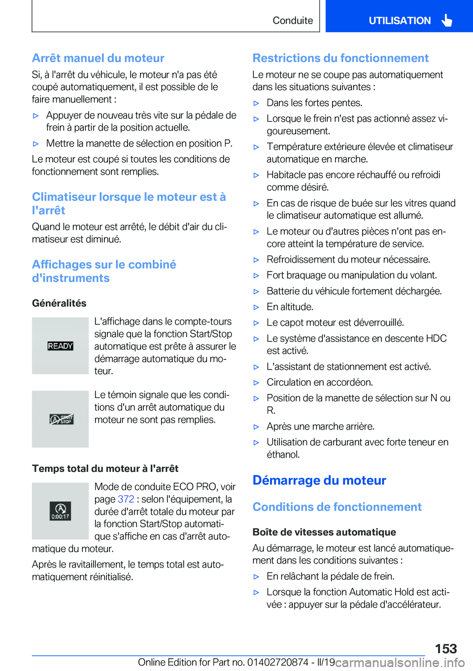 BMW X7 2019  Notices Demploi (in French) �A�r�r�ê�t��m�a�n�u�e�l��d�u��m�o�t�e�u�r�S�i�,��