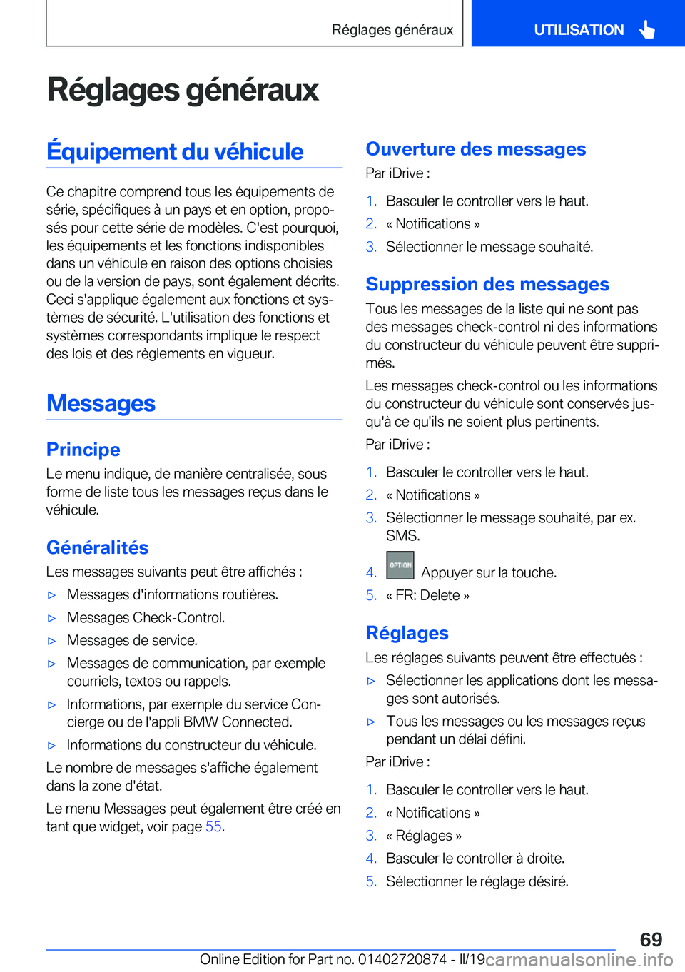 BMW X7 2019  Notices Demploi (in French) �R�é�g�l�a�g�e�s��g�é�n�é�r�a�u�x�