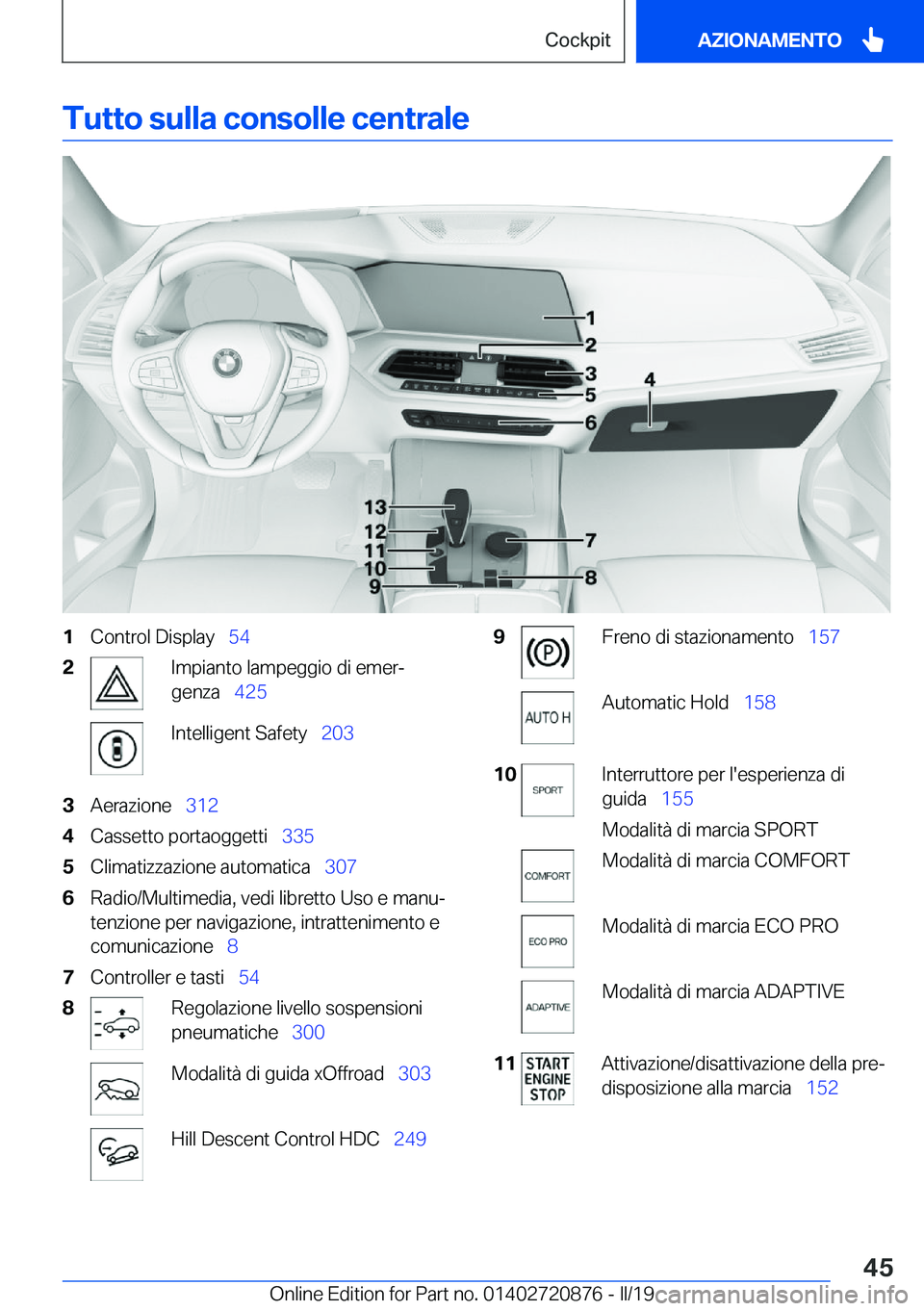 BMW X7 2019  Libretti Di Uso E manutenzione (in Italian) �T�u�t�t�o��s�u�l�l�a��c�o�n�s�o�l�l�e��c�e�n�t�r�a�l�e�1�C�o�n�t�r�o�l��D�i�s�p�l�a�y\_�5�4�2�I�m�p�i�a�n�t�o��l�a�m�p�e�g�g�i�o��d�i��e�m�e�rª
�g�e�n�z�a\_ �4�2�5�I�n�t�e�l�l�i�g�e�n�t�