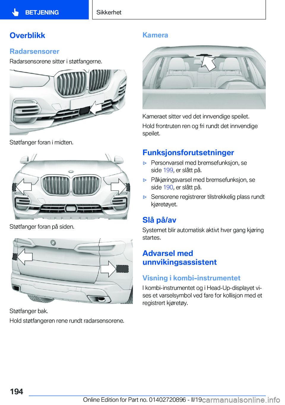 BMW X7 2019  InstruksjonsbØker (in Norwegian) �O�v�e�r�b�l�i�k�k�R�a�d�a�r�s�e�n�s�o�r�e�r
�R�a�d�a�r�s�e�n�s�o�r�e�n�e��s�i�t�t�e�r��i��s�t�